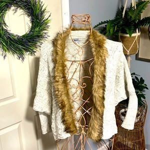 Haute Hippie Cream Cardigan with Brown Faux Fur Trim